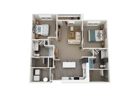 Floor plan for 2 beds, 2 baths, 1051 sqft
